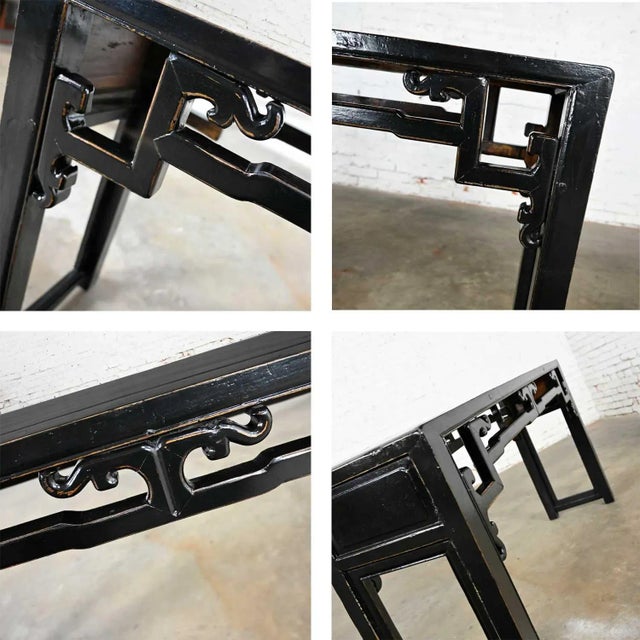 Asian Chinoiserie Distressed Black Finish Alter Style Sofa Console Table For Sale - Image 9 of 13
