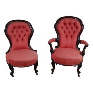Victorian Balloon Back His and Hers Parlour Salon Chairs, Set of 2 For Sale