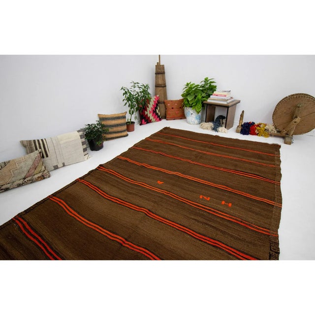 1960s Vintage Brown & Orange Striped Kilim Rug- 5′2″ × 9′10″ For Sale In Los Angeles - Image 6 of 7