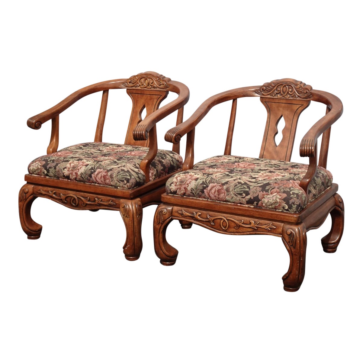 Oriental Chinese Chinoiserie Oak Horseshoe Accent Chairs by Schnadig
