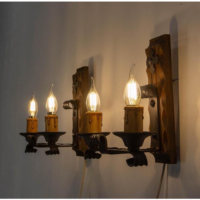 French Double Sconces in Pine and Wrought Iron, 1960, Set of 2 For Sale - Image 3 of 13