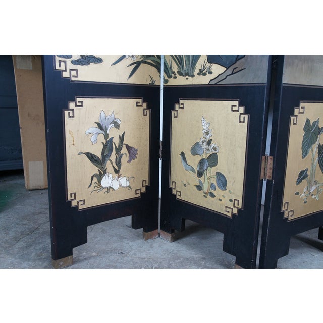 Vintage Chinese Black Lacquer 4 Panel Hand Painted Folding Screen Room Divider For Sale - Image 12 of 18