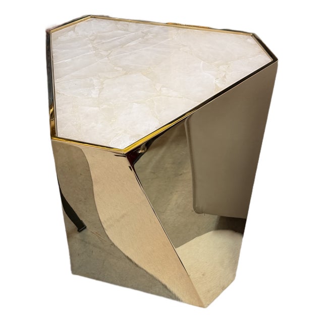 Hexagonal Brass and Quartz Side Table For Sale