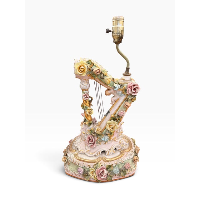 Metal Mid-20th Century Italian Capodimonte-Style Porcelain Floral Harp Table Lamps – Pair For Sale - Image 7 of 14