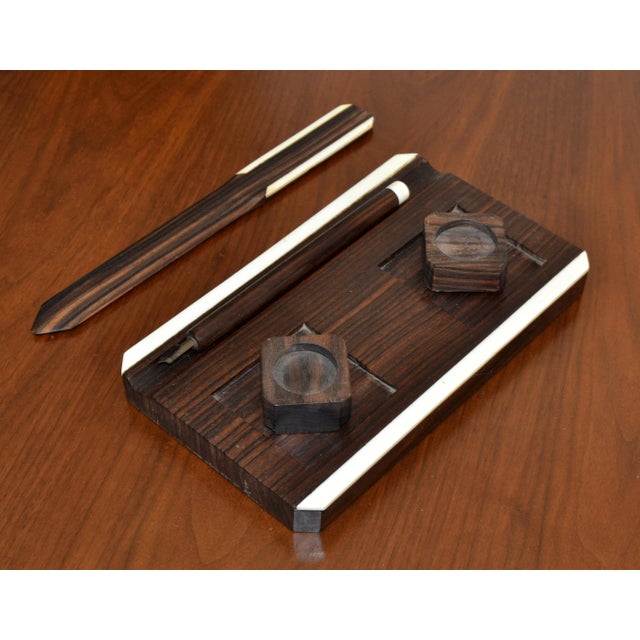 Circa 1930s Art Deco elegant 5 pieces Ink Desk Set, Desk accessories, made out of Macassar Wood and edged with off white...