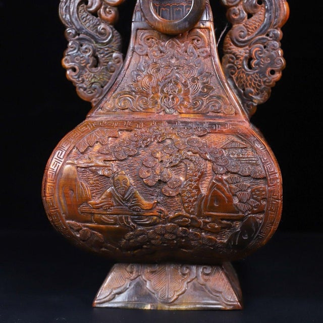 1930s Carved Horn "Landscape & Figure" Vase With Beast-Head Ring Handles — Detailed Relief For Sale - Image 10 of 10