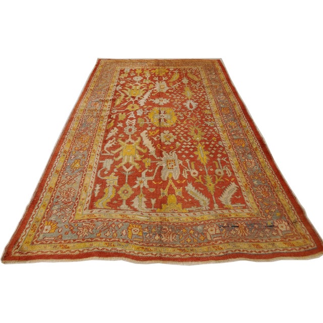 Antique Oushak Carpet, Oriental Rug, Handmade Rug Saffron, Light Blue and Coral For Sale - Image 14 of 18