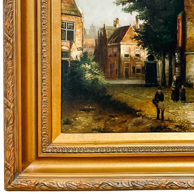Wood Large Scale Mid-Century Dutch Street Scene Oil on Canvas Painting After Willem Koekkoek For Sale - Image 7 of 11