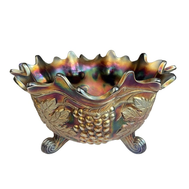 Art Nouveau Grape & Cable Amethyst Carnival Glass Footed Centerpiece Bowl, Antique - Extra Large 11" Wide For Sale - Image 3 of 8