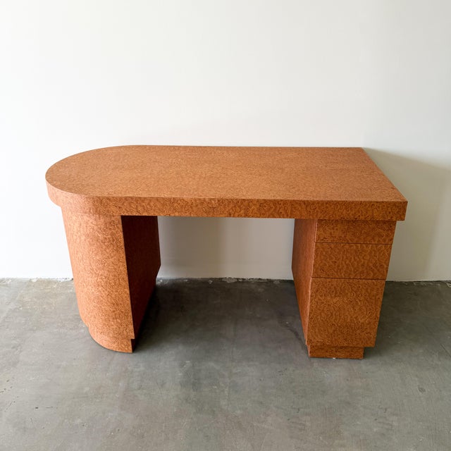Mid-Century Modern Vintage 80s Deco Postmodern Burlwood Writing Desk For Sale - Image 3 of 14