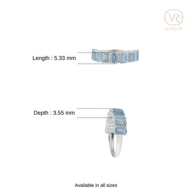 2.2ct Emerald-Cut Aquamarine & Diamond Half Eternity Band Ring Size 4 in 18k Gold For Sale - Image 9 of 14