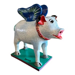 Vintage Tonalá Mexican Pottery Ceramic Winged Pig Piggy Bank Signed “Ortega” For Sale