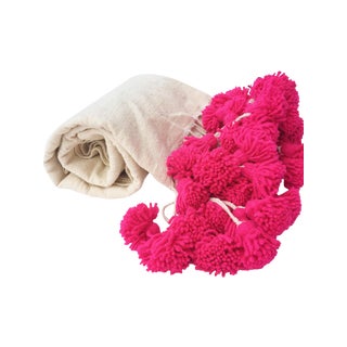 Moroccan Pink Braided Pom Pom Wool Blanket For Sale