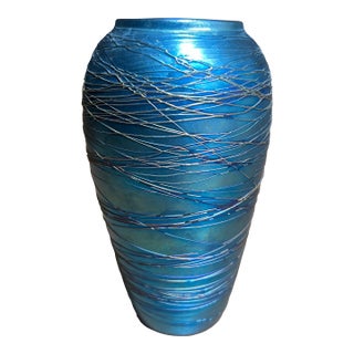 Durand Blue Iridescent Threaded Art Glass Vase Signed Aurene C1920s For Sale