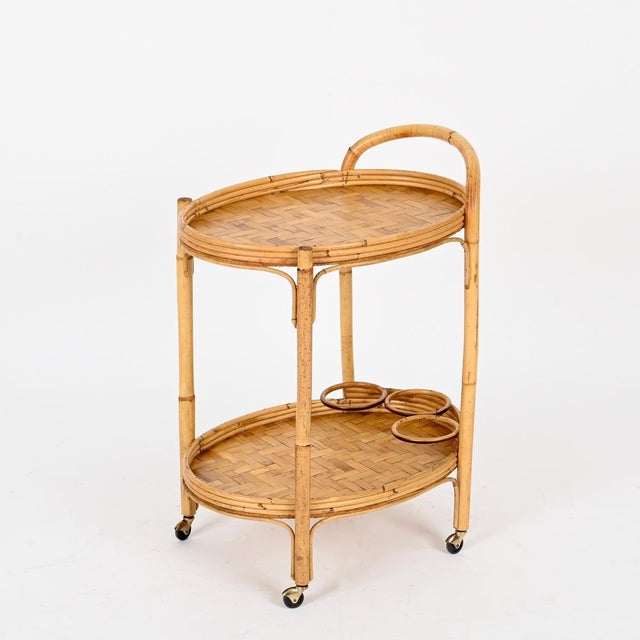 Mid-Century Italian Oval Serving Bar Cart Trolley in Bamboo and Rattan, 1960s For Sale - Image 11 of 13