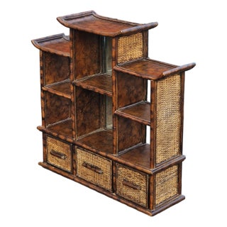 Vintage Burnt Bamboo Pagoda Wall Shelf Chinoiserie Style With 3 Drawer Cabinet For Sale