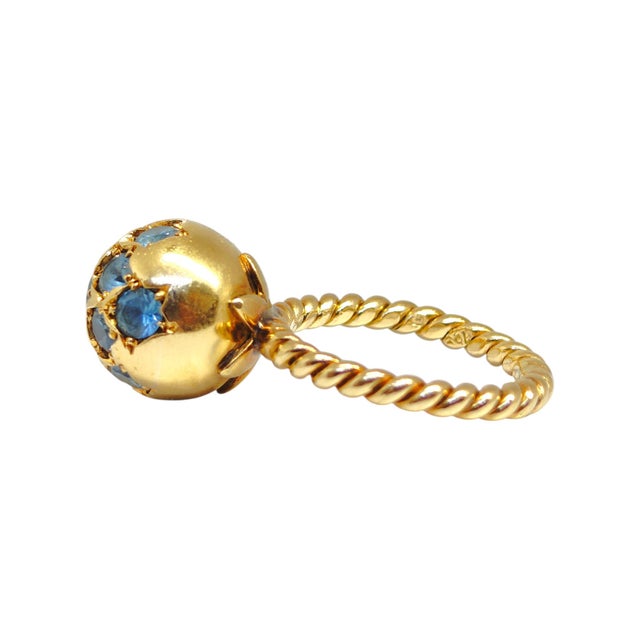 Metal Vintage 18k Yellow Gold Blue Zircon Ball Ring, Size 6 For Sale - Image 7 of 10
