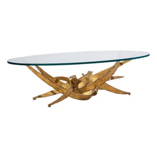 Silas Seandel Brutalist Mid Century Glass and Gilt Bronze Coffee Table For Sale