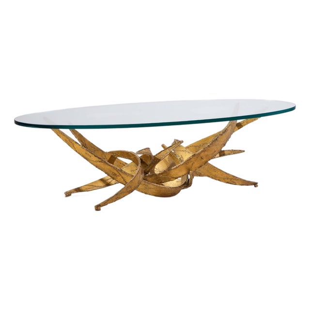 Silas Seandel Brutalist Mid Century Glass and Gilt Bronze Coffee Table For Sale