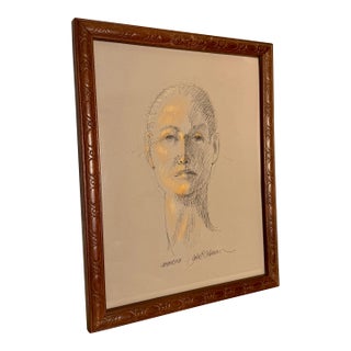 Vintage Mid-Century Modern Female Portrait Original Pen and Ink Pastel Drawing by John P. Coleman For Sale