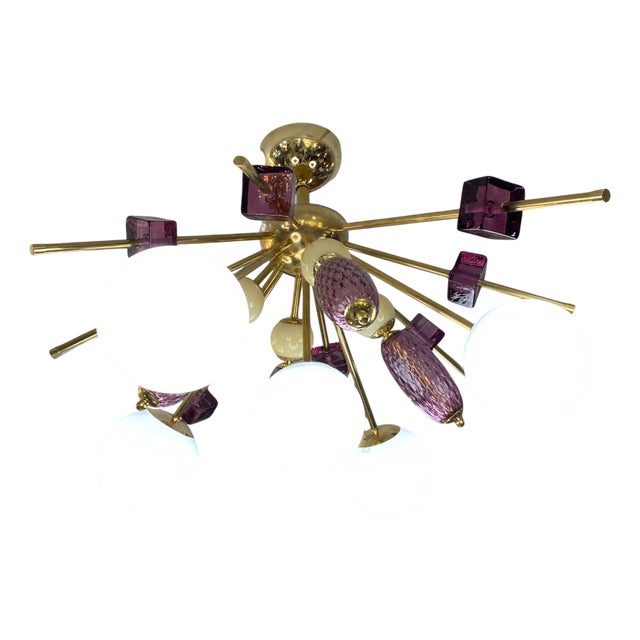 Sputnik Style Ceiling Light in Purple and White Murano Glass, 1950s For Sale