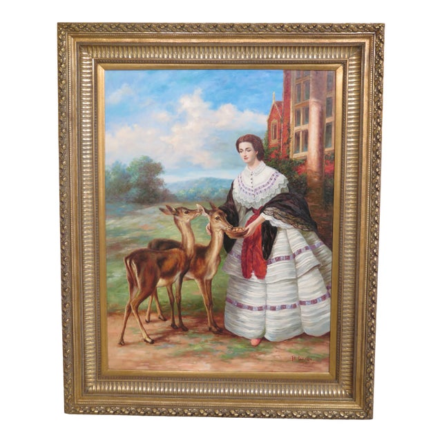 1990s Vintage "Woman Feeding Deer" Framed Oil Painting on Canvas For Sale