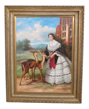 1990s Vintage "Woman Feeding Deer" Framed Oil Painting on Canvas