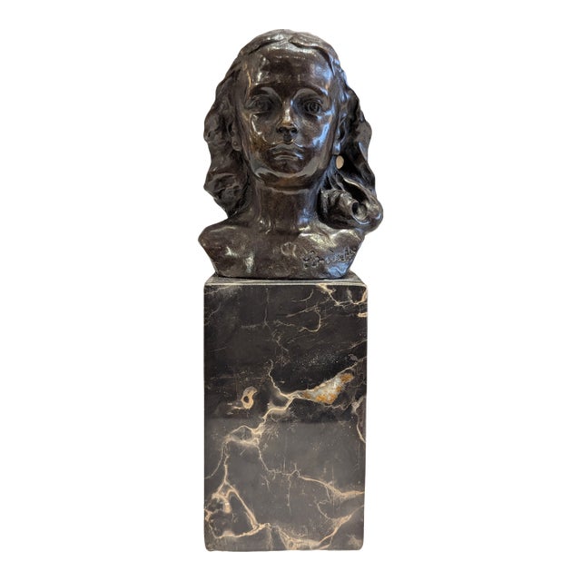 Antique French Bronze Child Bust on Black Marble Base For Sale