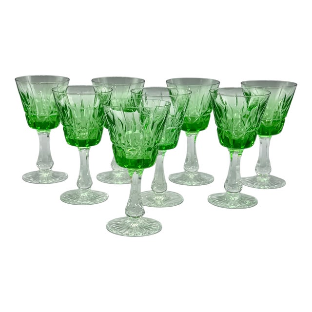 Vintage Emerald Green Cut Crystal Wine Glasses from Cristalería San Carlos, Argentina, 1950s, Set of 8 For Sale