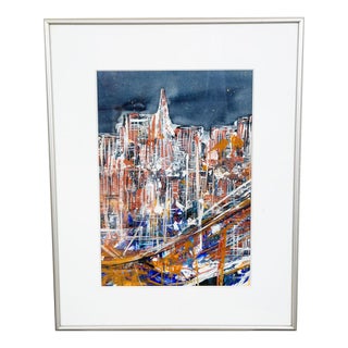 Mid Century Modern Danish Painting Art Abstract Landscape Frame Cityscape MCM For Sale