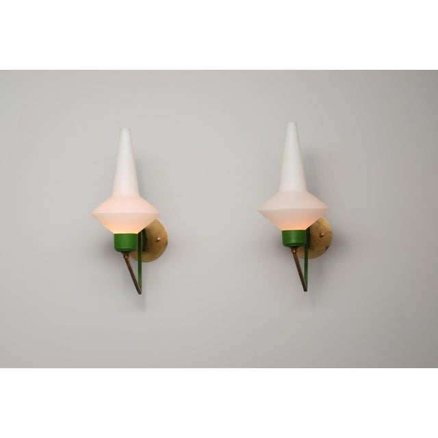 Large Italian Brass and Green‑lacquered Wall Sconces with Opaline Glass, 1950s, Set of 2 For Sale - Image 4 of 11