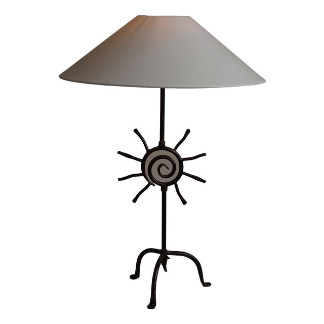 Vintage Brutalist Forged Iron Sunburst Table Lamp For Sale