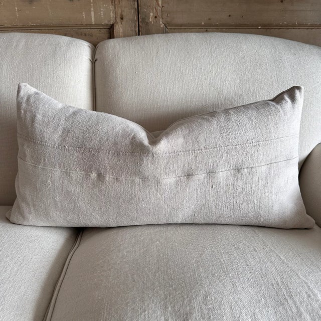 Pillow Made from Antique French White Grain Linen For Sale - Image 4 of 8