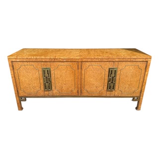 1970s Hollywood Regency Burlwood & Brass Greek Key Credenza, Attributed to Mastercraft For Sale