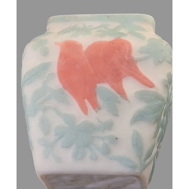 Teal Antique Phoenix Consolidated Art Glass Teal White Red Love Birds Vase For Sale - Image 8 of 9