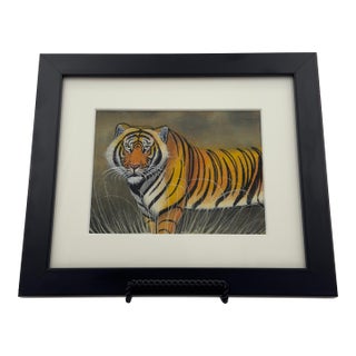 Vintage Original Tiger Painting on Fabric Wildlife Textile For Sale