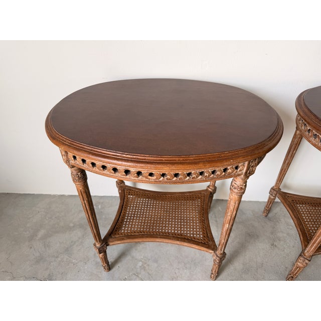 Brown Modern Neoclassical Louis XVI Style Oval Side Tables With Cane Shelves – A Pair For Sale - Image 8 of 15