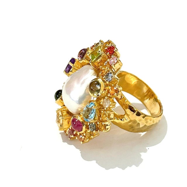 Not Yet Made - Made To Order Bochic “Orient” Pearl & Multi Sapphire Vintage Cluster Ring Set 18k & Silver Size 8 For Sale - Image 5 of 5