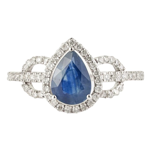 14k White Gold 1.22 Carat Blue Sapphire & Diamond Statement Halo Ring Size 6.5 For Sale