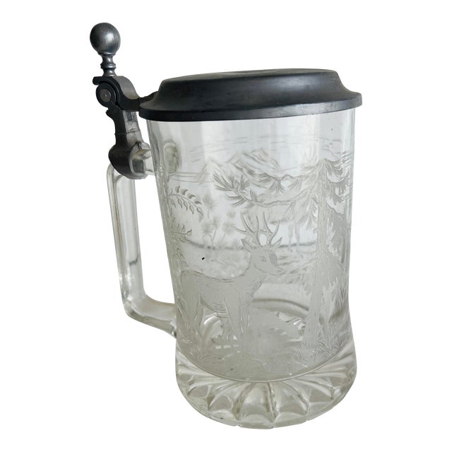 Antique Black Forest Beer Stein Etched Glass Deers Goblet For Sale