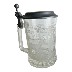 Antique Black Forest Beer Stein Etched Glass Deers Goblet