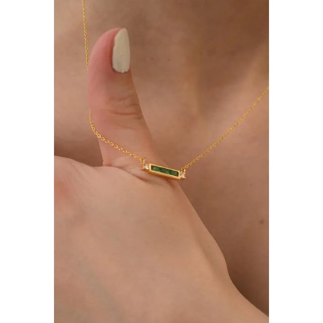 14k Solid Yellow Gold Diamond Emerald Baguette Bar Necklace 18 Inch Length For Sale - Image 4 of 13