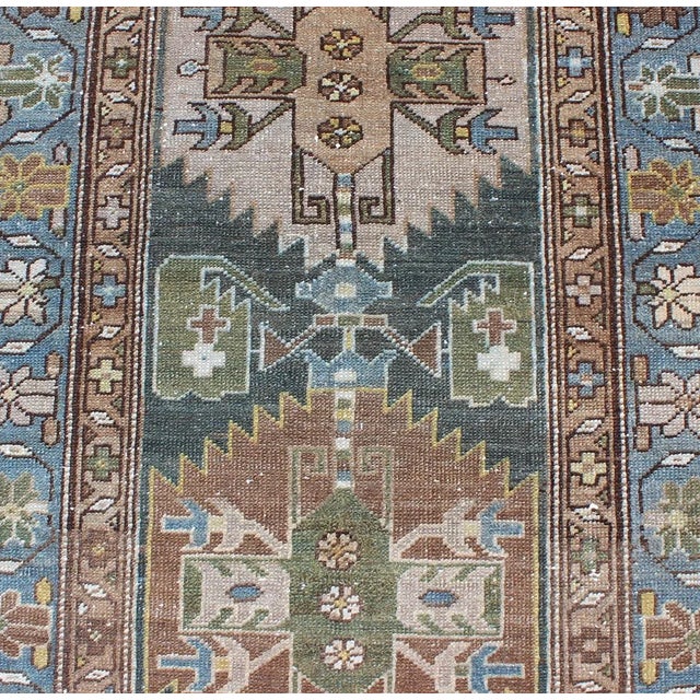 Antique Persian Hamadan Runner With Angular Medallion Design in Soft Blue, Green For Sale In Atlanta - Image 6 of 12