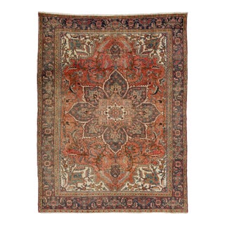 1950s Vintage Handmade Heriz Wool Rug in Rust Color With Medallion Design For Sale