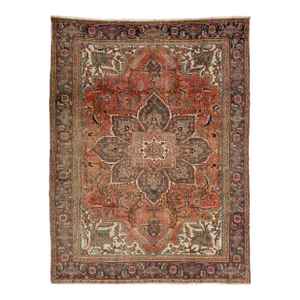 1950s Vintage Handmade Heriz Wool Rug in Rust Color With Medallion Design
