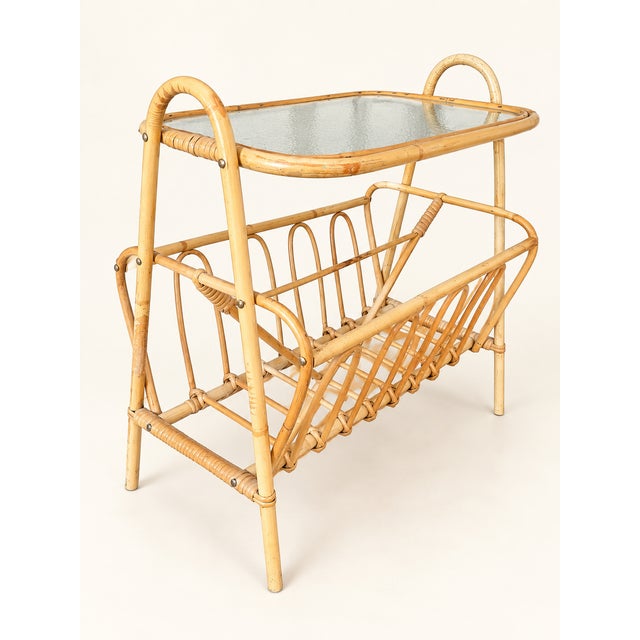 Vintage Scandinavian Rattan Side Table with Magazine Rack and Glass Top, 1960s For Sale - Image 10 of 10
