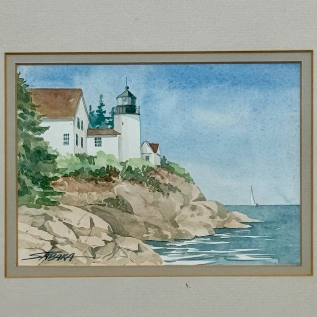 American Vintage Coastal Watercolor Bass Harbor Maine Lighthouse Painting - Signed “Sabaka” For Sale - Image 3 of 10