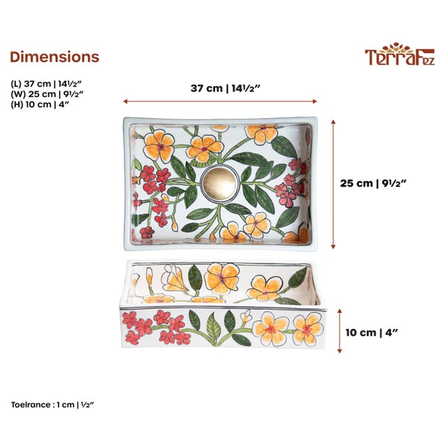 Yellow Custom Made Mini Rectangular Floral Bathroom Sink, Handmade Washbasin, Hand-Painted Vessel Sink For Sale - Image 8 of 10