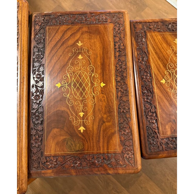 Vintage Hand-Carved Hardwood Nesting Tables Set of 4 With Brass Inlay & Hidden Drawer For Sale - Image 4 of 7