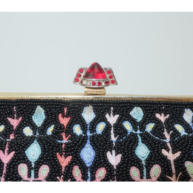 Metal French Black Beaded Handbag With Floral Embroidery, 1950's For Sale - Image 7 of 12